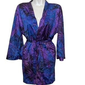Vintage Perfection Fit by Roxanne women Size M Robe Tropical Blue Purple Coverup